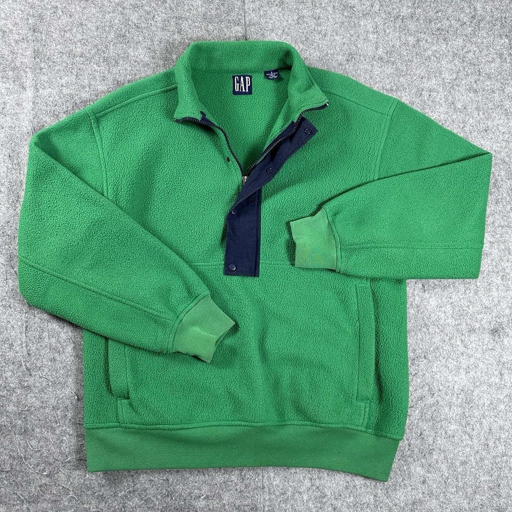 Vintage 90s GAP Kelly Green Fleece Pullover 1/4 Zip Snap Pocket Preppy
